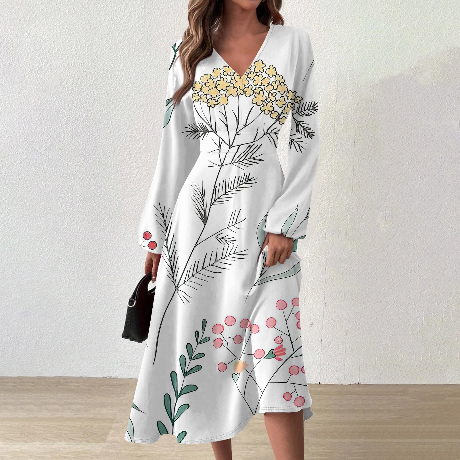 

Женское осеннее и зимнее повседневное модное длинное платье с v-образным вырезом и длинным рукавом с цветочным принтом XL белый
