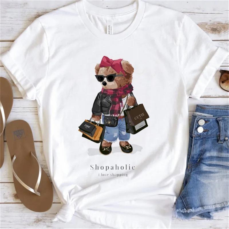 Cute Bear Print Shirts White Fashion Women T-Shirts Harajuku Kawaii Clothes Short Sleeve Summer Tees Casual Female Tops O-Neck