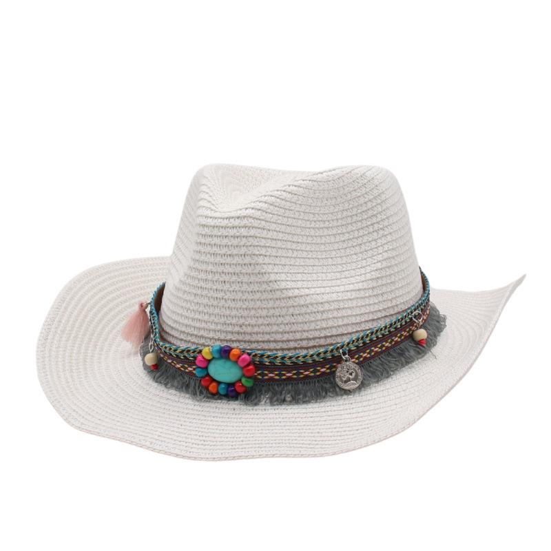 Cowboy Straw Hat Women's Summer Travel Sun Protection Visor Year New Ethnic Style Jazz Hat Big Brim Beach Hat