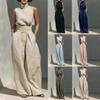 2026 Womens Cotton Linen Sleeveless Long Pants Casual Set Ladies Solid Color Daily Wear