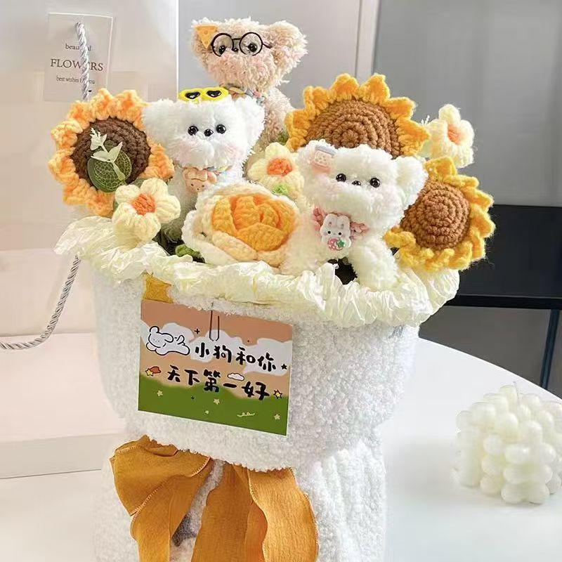 Bouquet d'anniversaire en cure-pipe avec poupée chien - Fait à la main, Cadeau mignon pour meilleure amie