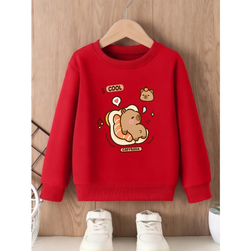 European sizes Cute Capybara Fun Print Crewneck Sweatshirt, Casual Top for Kids, Simple and Trendy Design with Cartoon Bear Hugging Salmon Pattern