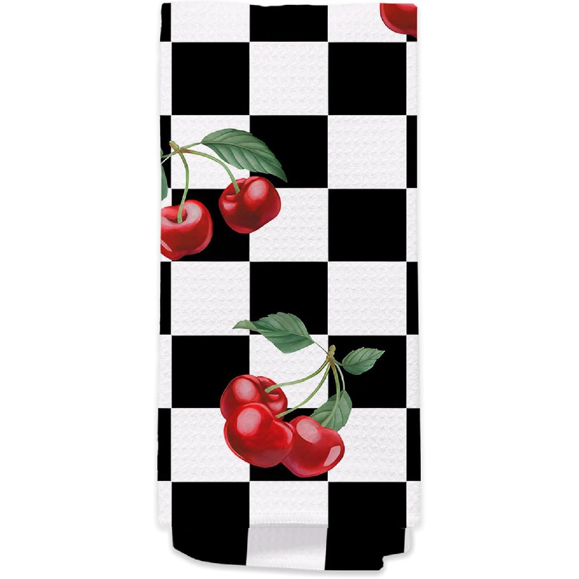 Cherry Hand Towels for Kitchen Bathroom - Retro Black and White Checkered Decorative Dish Tea Towels, Retro Plaid Cherry Kitchen Decor Accessories, вишня