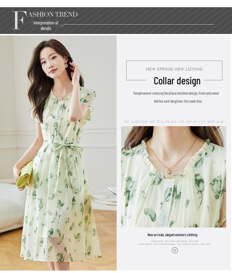 2026 Summer Silk Goddess Style Printed Short-Sleeve Loose Dress for Women