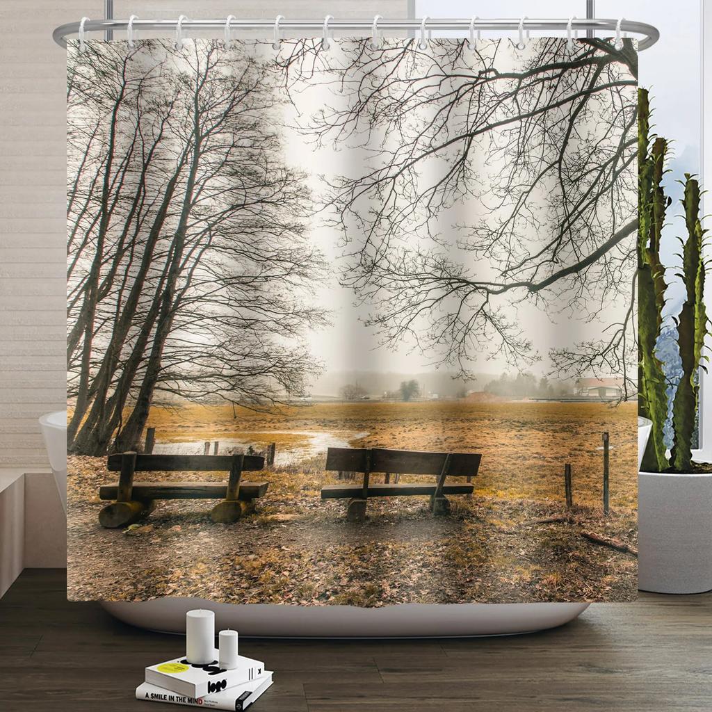 Fall Forest Natural Scene Shower Curtain for Bathroom Autumn Maple Tree Plants Rural Landscape Pumpkin Waterproof Shower Curtain