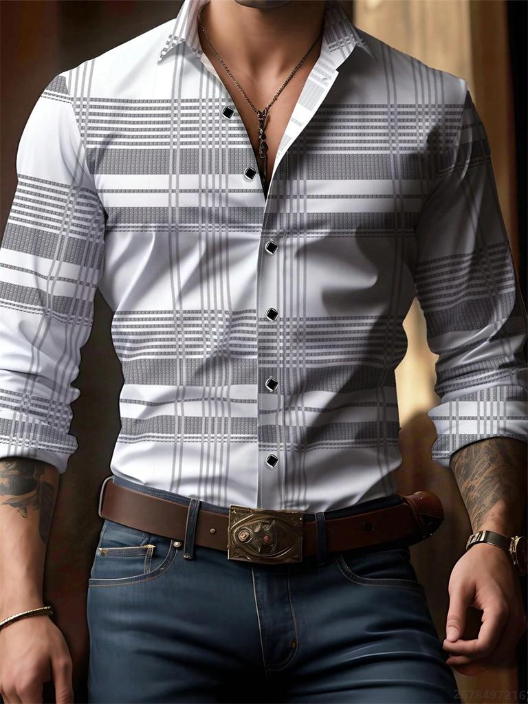 Men's plaid long-sleeved shirt, stylish and casual collared shirt, breathable and versatile top for everyday wear and commuting.