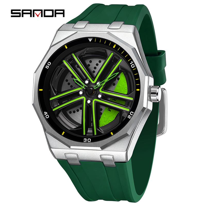 Sanda Men's Waterproof Alloy Car Wheel Design Silicone Wristwatch