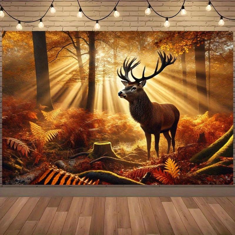 2D Plane 1 Piece of Beautiful Autumn Forest Background Fabric Featuring Majestic Deer Suitable for Living Room or Office