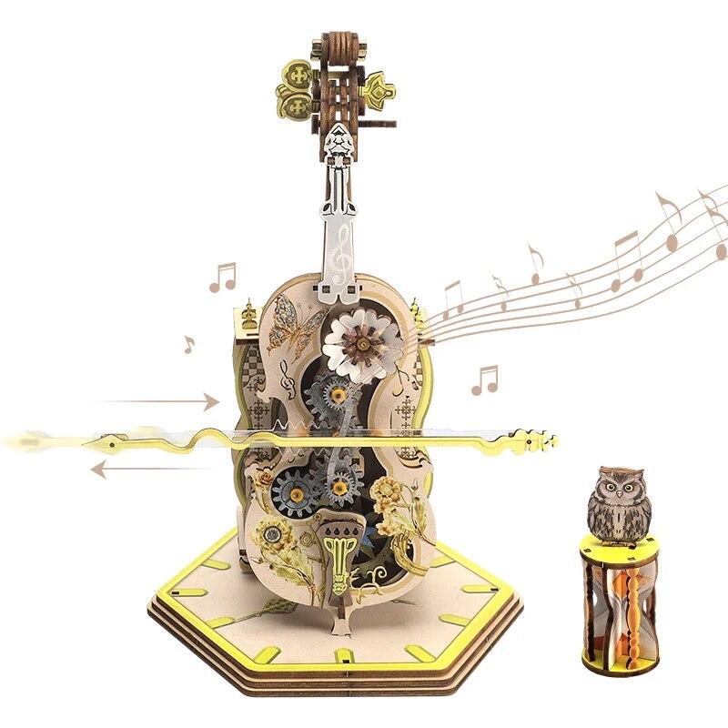 3D dřevěné puzzle Kouzelné violoncello mechanická hrací skříňka s pohyblivou stopkou Vtipná kreativní hračka pro dítě Sada stavebnic pro dívky Dospělý