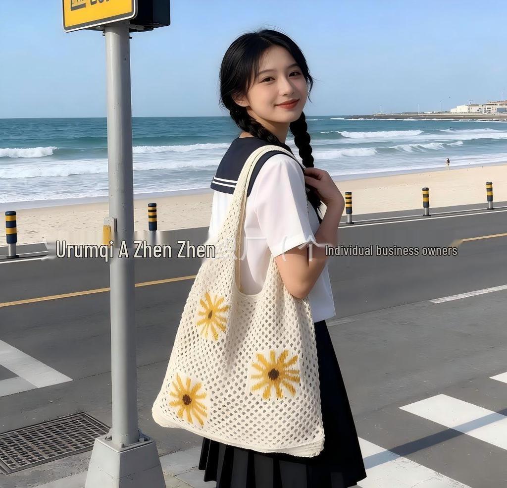Korean Chic Crochet Mesh Shoulder Bag – Women’s Hand-Knitted Large Tote for Summer Beach