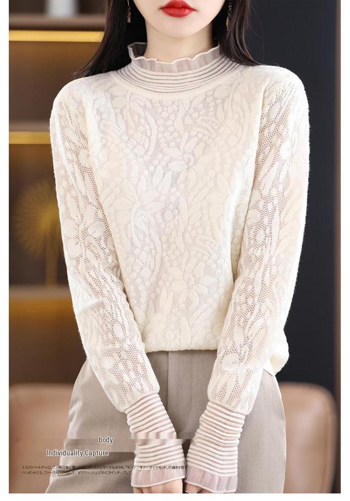 Women's Spring-Summer Chiffon Knit Top with Lace & Mesh Half-High Collar