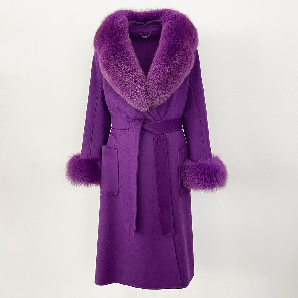 MENINA New  Autumn Winter Fashion 100% Wool Water-Corrugated Woolen Coat with Detachable Fox Fur Collar Women Daily Casual Wear