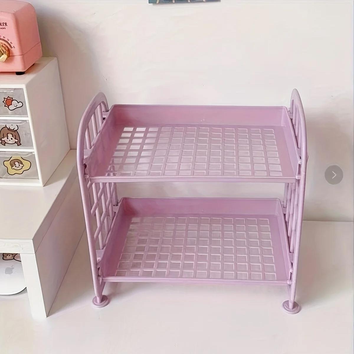 

Дворівнева багатофункціональна пластикова полиця Органайзер для макіяжу для догляду за шкірою Офіс Кухня Спальня Ванна кімната Двошарова порожниста стійка для зберігання фіолетовий