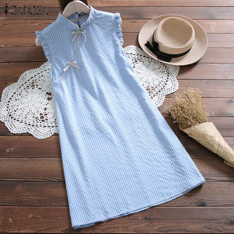 

ZANZEA Женское летнее повседневное платье без рукавов с воротником-стойкой и клетчатым принтом