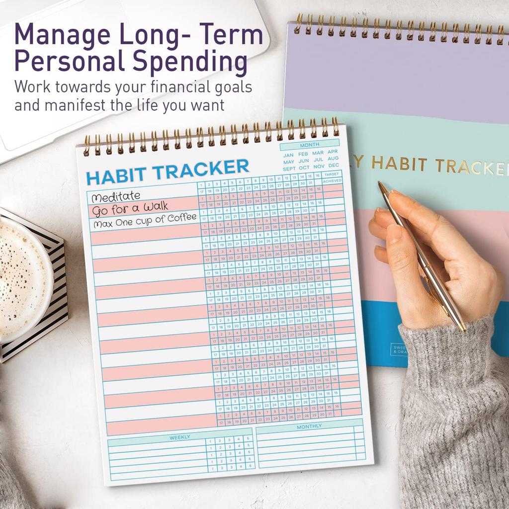 S&O Striped Habit Tracker Calendar - 24 Month Daily task Journal - Undated Routine Planner with Personalized Goal Chart for Health, Fitness & Finance