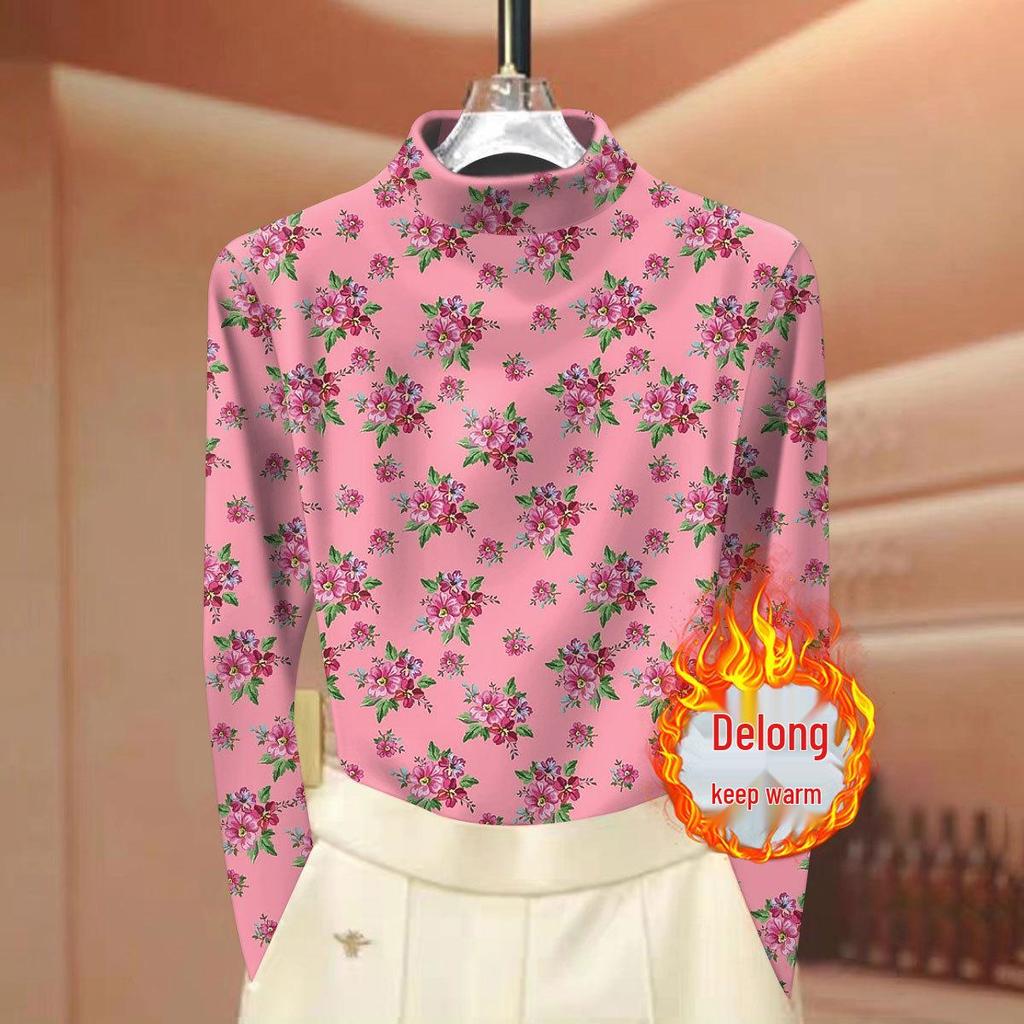 Women's Ribbed Fleece Floral Print Base Layer: Half-High Neck, Long Sleeve, Autumn/Winter Mom's Wear.