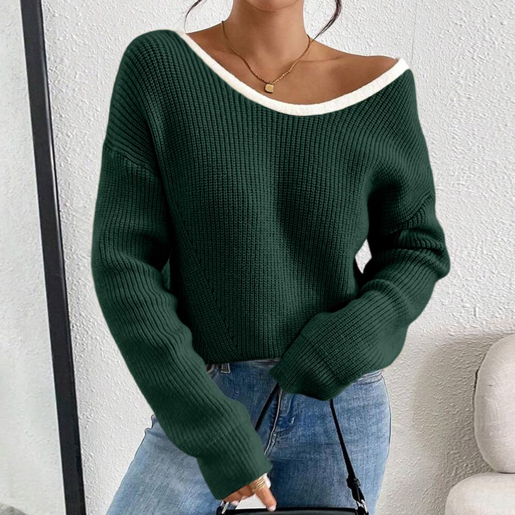 Women's Fall Winter Long Sleeve Round Neck Pullover Sweater with Back Knit Top
