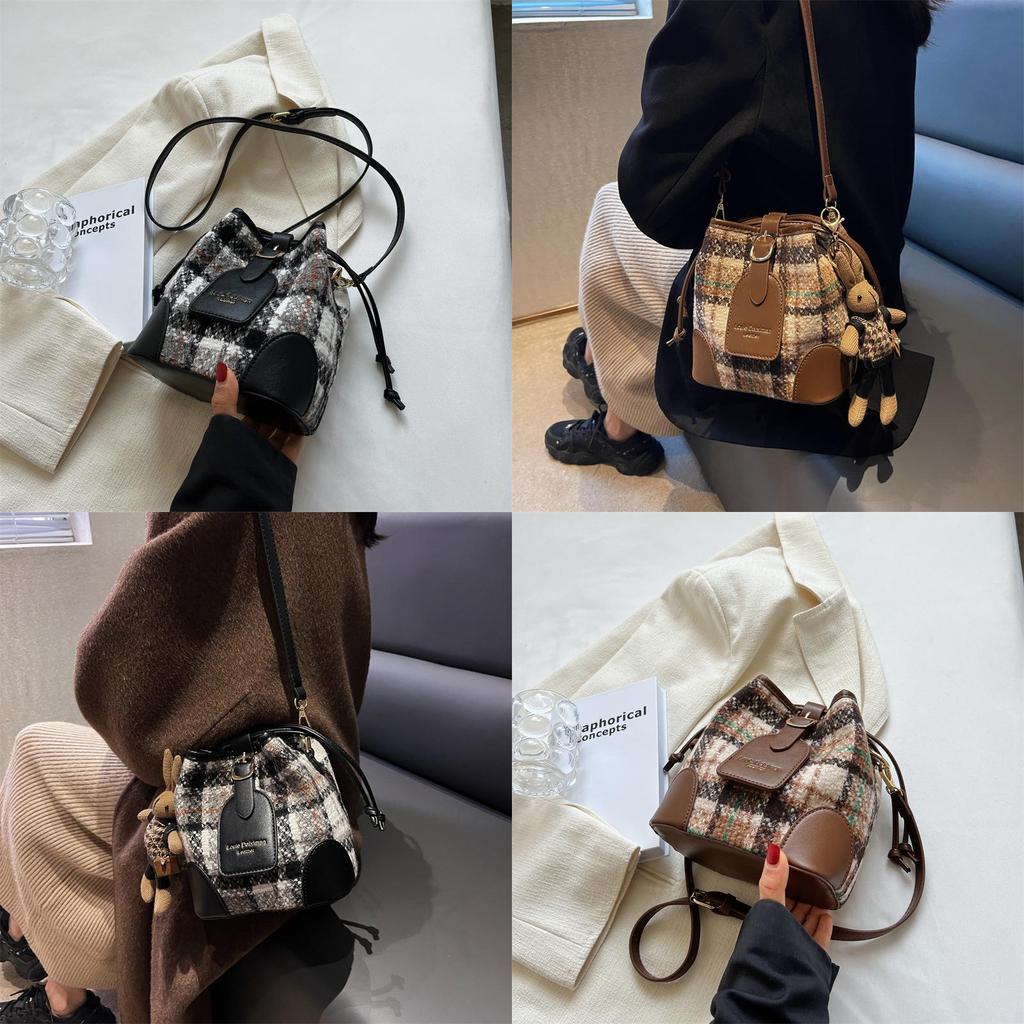 Crossborder Style Wool Blend Bucket Bag With Drawstring Closure For Daily Use