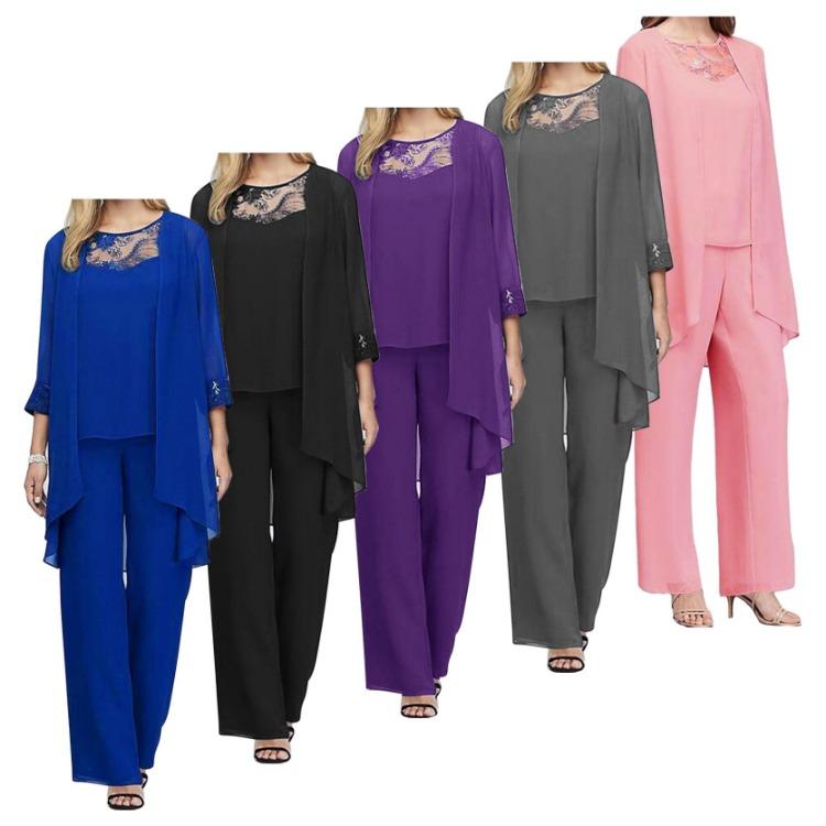 Elegantní dámský svatební formální outfit plus size 3dílná sada matka nevěsty šifonová večerní róba kalhotové kostýmy