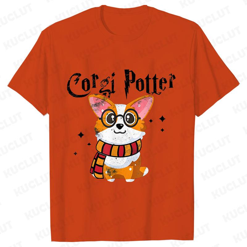 Kawaii Corgi Potter T-Shirt for Women Clothing Fashion Corgi Dog Lovers Cute Graphic Tees Short Sleeve Shirt Femme Streetwear