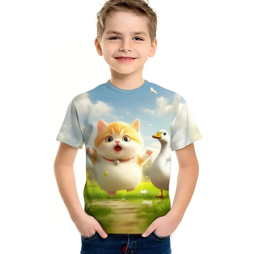Hip Hop Cat Boy T-shirt Cute 3D Printed Boy Summer Short Sleeved Round Neck Casual Children's Top Outdoor Comfortable Children's Clothing