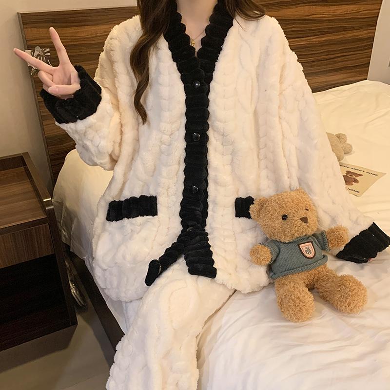 Ladies Pyjama Women Winter Flannel Pajama Set Fleece Pajamas Sleepwear Thick Warm Velvet Female Homewear Suit Cute Sweet Pijama