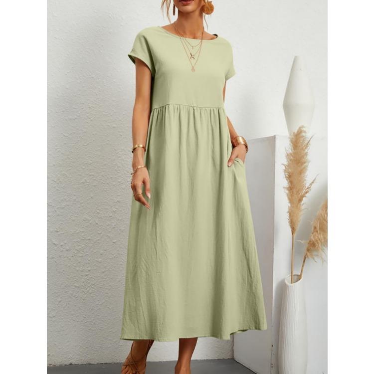 Women's Summer Dress Round Neck Short Sleeve Midi Dress Loose