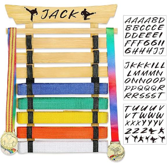 Bamboo/Wood Karate Belt Display Rack, 8 Belt Taekwondo Belt Display with Stickers, Martial Arts Belt Display Holder, Jiu Jitsu BJJ Belt Display