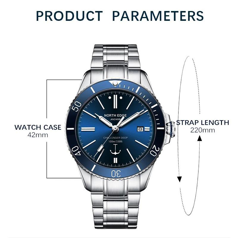 NORTH EDGE Pánské mechanické náramkové hodinky ANCHOR 42MM Luxusní safírové sklo MIYOTA 8215 Automatické hodinky 10bar Vodotěsné hodinky Pánské