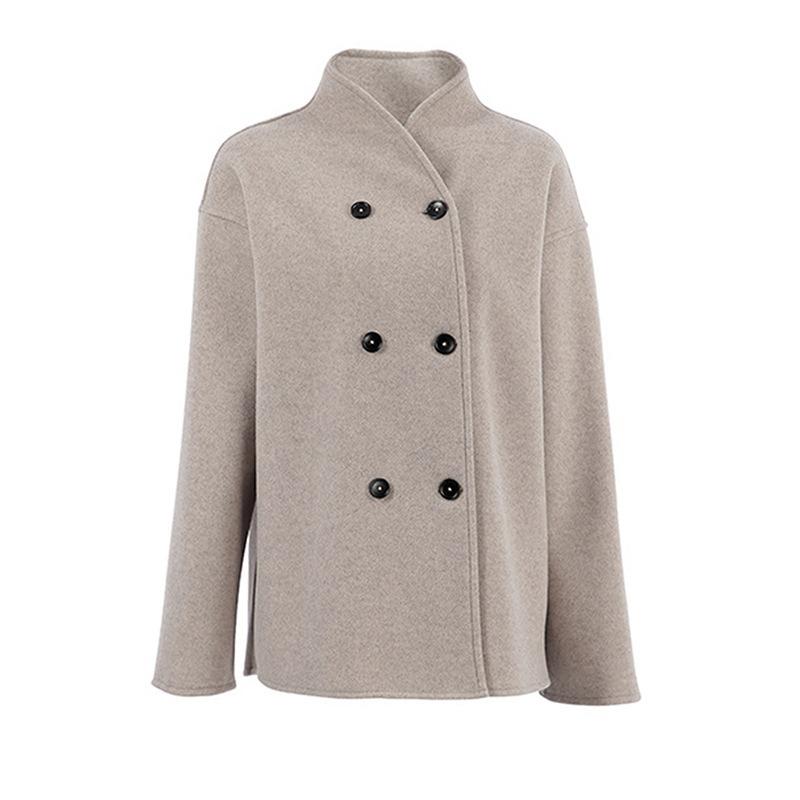 Womens Double Breasted Solid Color Woolen Coat Casual British Style Versatile Outerwear