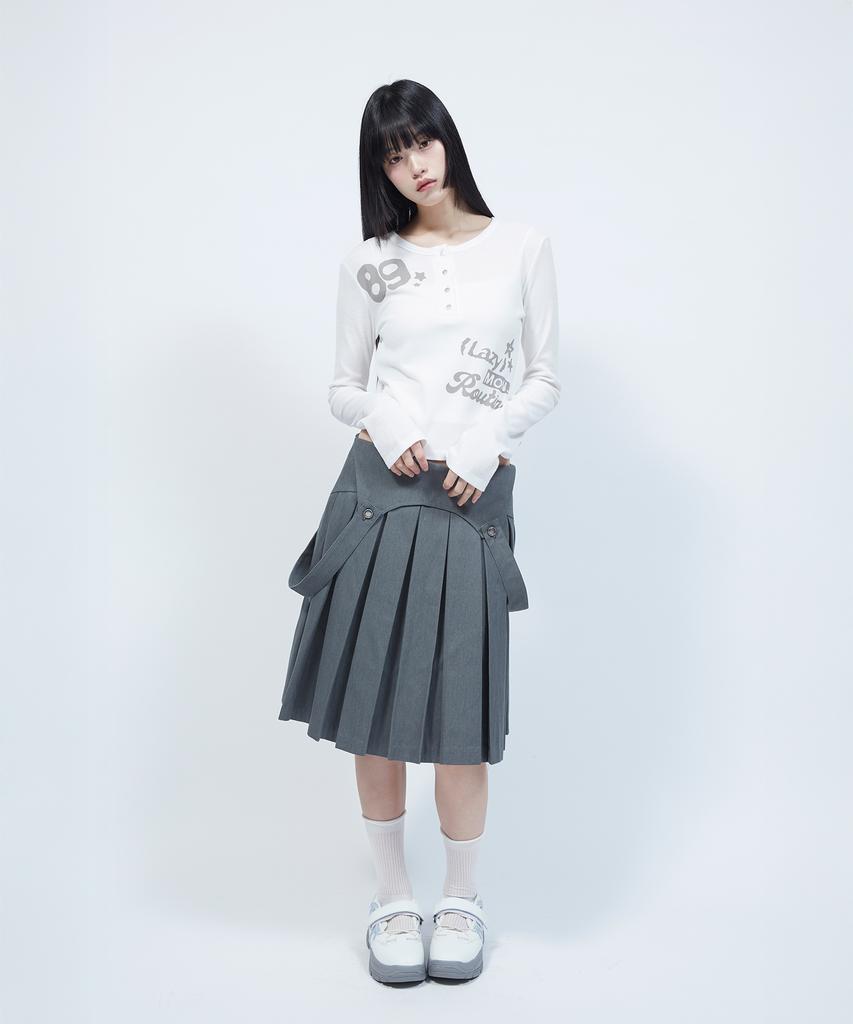 LMR Lettering Graphic Waffle Henley Neck Long Sleeve T-Shirt Ivory