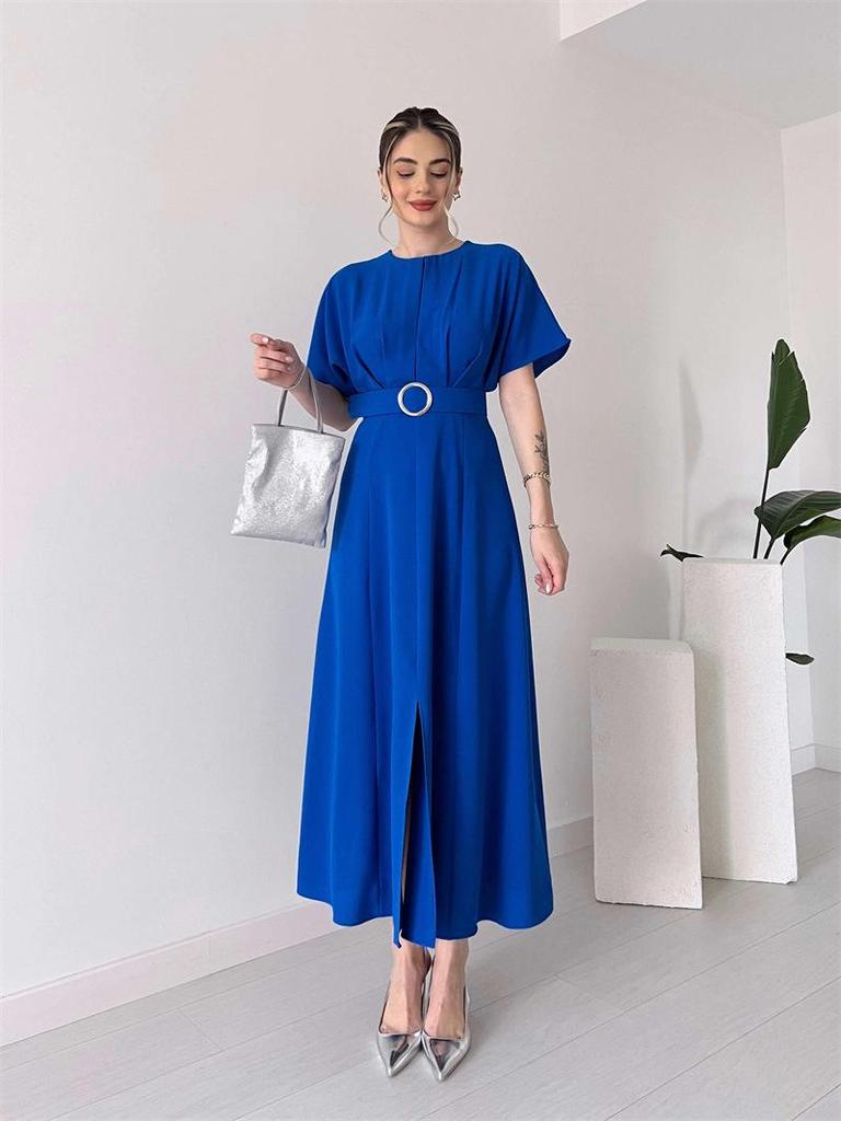 2024 Spring/Summer Pleated Drawstring Women's Maxi Dress - Solid Color Fashion