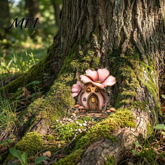Wooden Crafts Decoration Fairy Garden Decoration, Tree Hollow Cottage Door with High-Definition Elf Light UV Printing, Waterproof Acrylic Outdoor