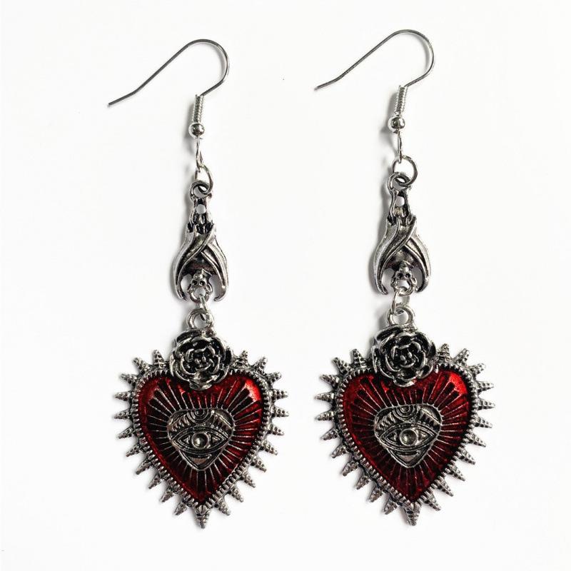 Gothic Punk Red Rose Wings Heart Earrings