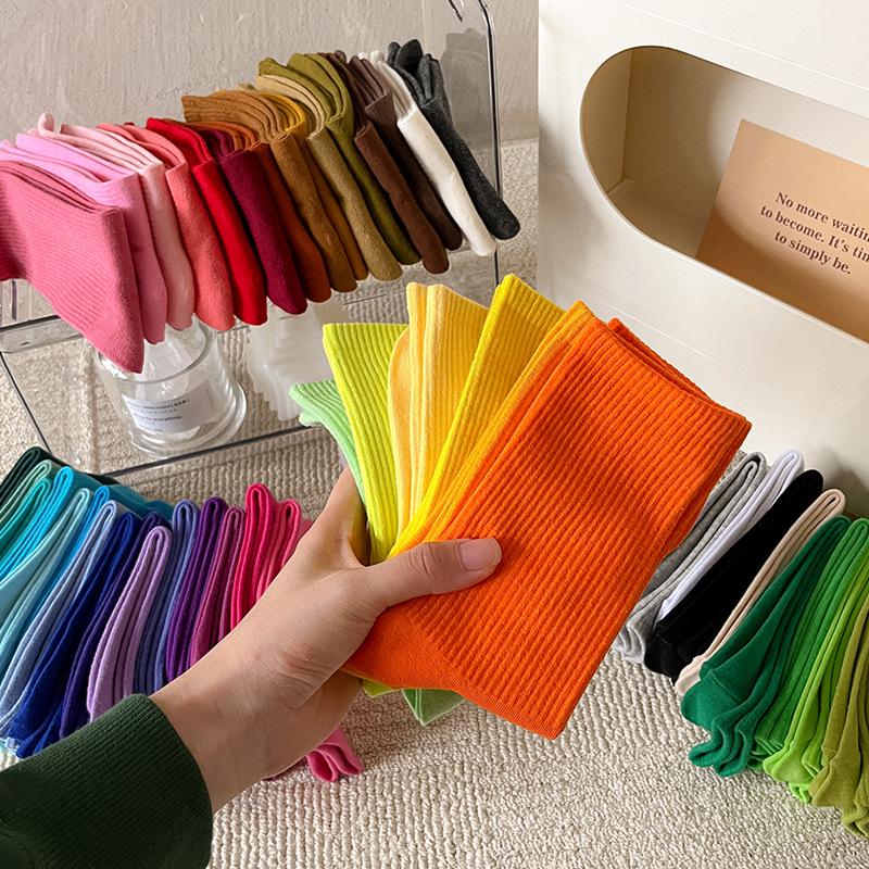Women's Trendy Candy Color Thin Mid-Calf Socks - Colorful Japanese Style Summer Pile Socks