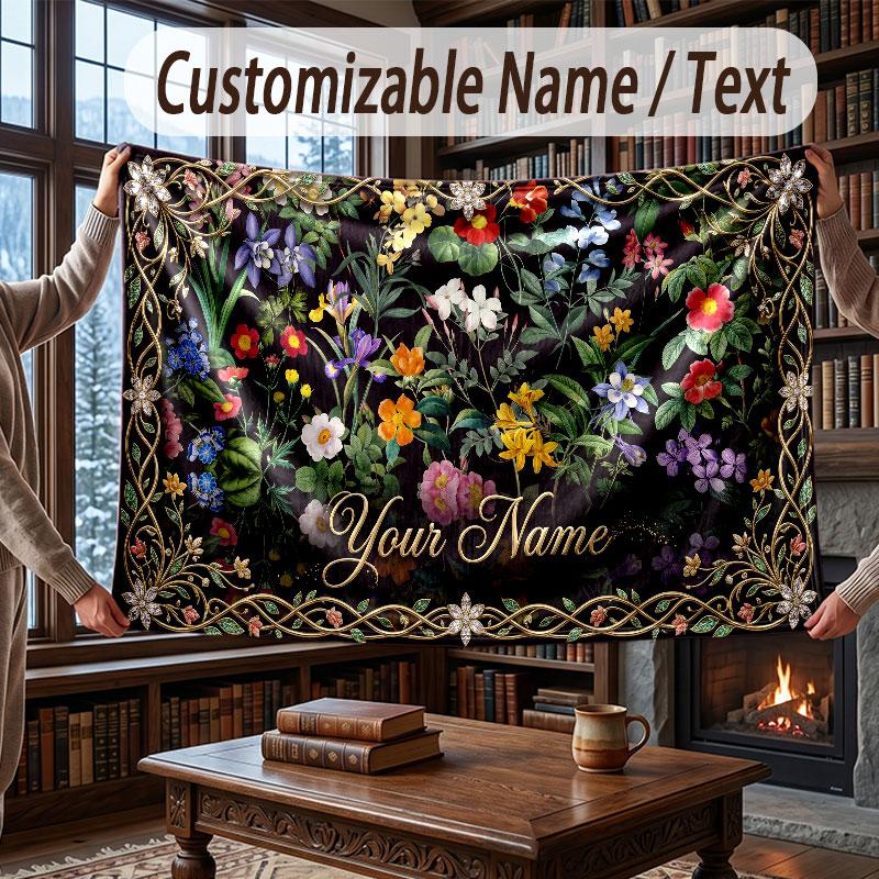 Floral Garden Theme Throw Blanket Custom Name Text Personalized Blanket Soft Cozy Blanket for Home Sofa Bed