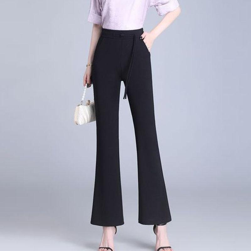 Chinese Style Autumn Flare Pants Women Solid Frog Pockets Elastic High Waist Casual Versatile Slim Wide Leg Ankle Length Trouser