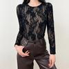 Crocheted Mesh Lace Bodysuit - Slimming Long Sleeve Round Neck Top