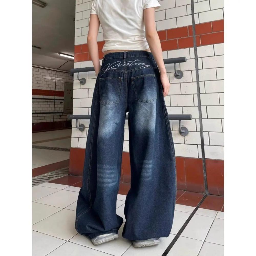 Women's High Waist Wide Leg Jeans Loose Fit Vintage Washed Panel Stitch Baggy Denim Trousers