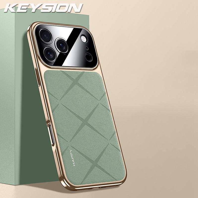 KEYSION Luxury Grid Pattern PU Leather Case for iPhone 17 Pro Max Plating TPU Camera Protection Phone Cover for iPhone 17 Air
