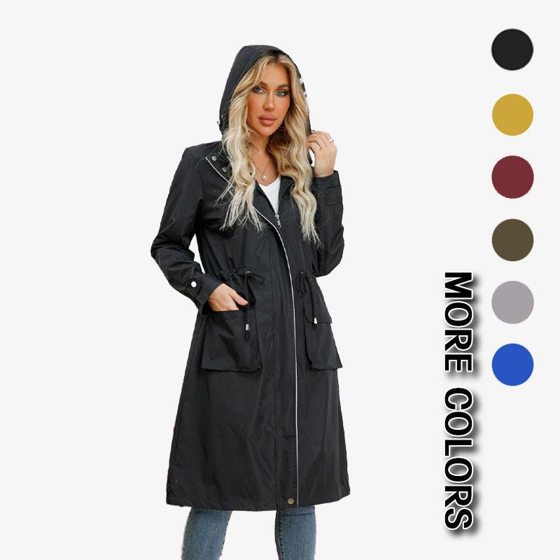 Multi-color Options Hooded Drawstring Waist Long Trench Coat for Women European and American Style Fashion Versatile Windproof Jacket
