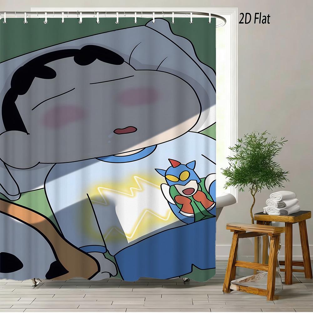 Crayon Shin-Chan Flame Ninja Z Themed 2D Print Waterproof Shower Curtain, Flying Shin-Chan With Family & Shiro Colorful Cityscap