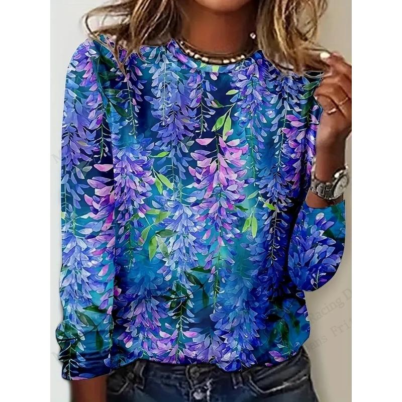 Bright Vibrant Flower 3d Graphic Print T-Shirt Women Fashion Casual Oversized Long Sleeve T-shirt Women Clothes Blossom Tops Tee