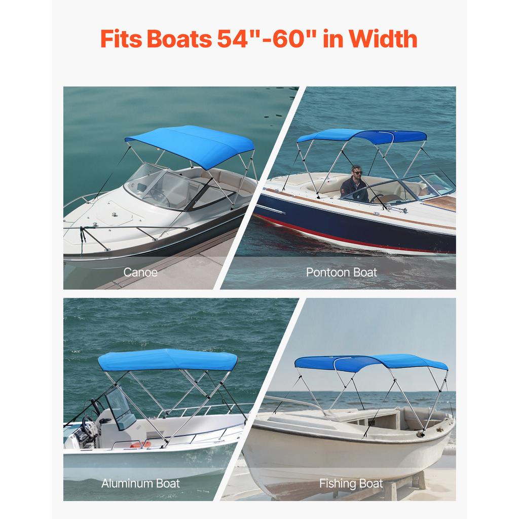 SucceBuy 3 Bow Boat Bimini Tops 600D Polyester Canopy with Aluminum Alloy Frame Waterproof Sun Shade Awning Canopy Fit for Boat
