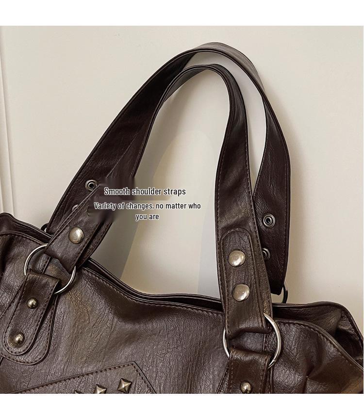 Women's Retro Punk Motorcycle Tote Bag with Rivets - Large Capacity, Fashionable Handheld or Shoulder Style