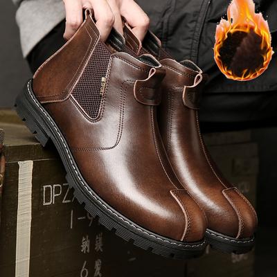 Chelsea Boots Pánské britské motocyklové boty Vysoké boty z pravé kůže Zimní sametově teplá platforma Krátké boty