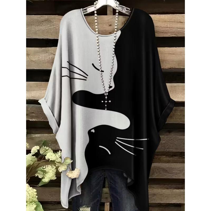 Camiseta Retro para Mujer Gráfico de Gato Anime Ropa de Chica Verano Cuello Redondo Manga Corta Camisetas Femeninas Harajuku Streetwear Blusa Oversized