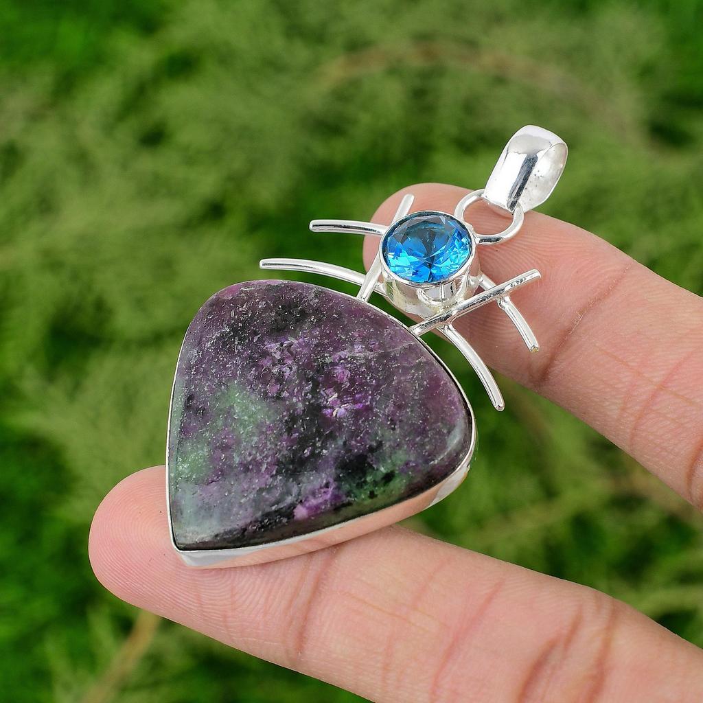 Daughters Day Sale Ruby Zoisite Stone Swiss Blue Topaz Wife Pendant 925 Silver