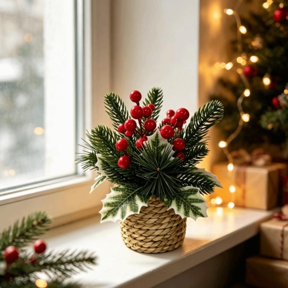 Potted Faux Holly Pine Cone Ornament Woven Basket Christmas Mini Potted Plant  Xmas Tree