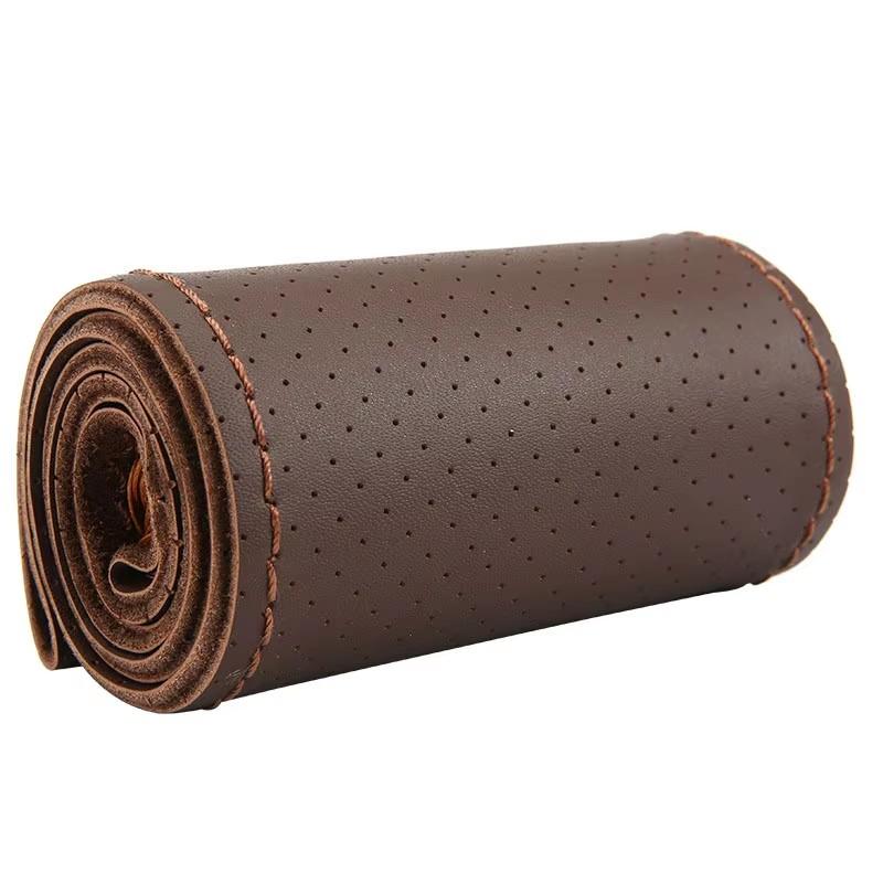 Perforated Genuine Leather Hand Stitched Car Steering Wheel Cover 38cm Steering Wheel Protector With Needle Thread